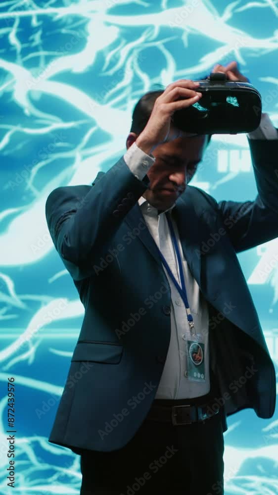 Poster vertical video engineers use vr smart goggles and ai neural networks to solve company problems. it e