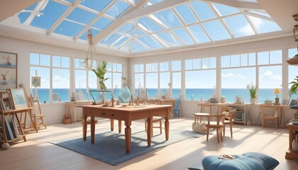 Obraz premium A spacious art studio with a glass ceiling and nautical-themed decor, overlooking the beach.