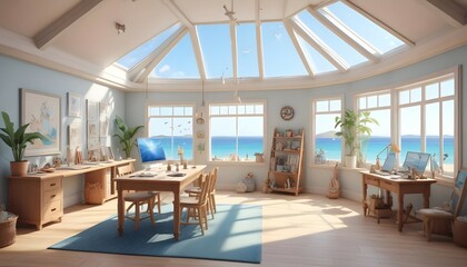 Fototapeta premium A spacious art studio with a glass ceiling and nautical-themed decor, overlooking the beach.