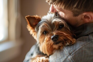A man hugging a Yorkshire Terrier.