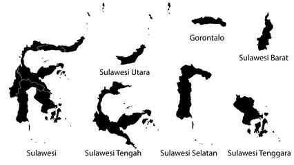 Sulawesi map silhouette, it's detailed. complete with boundaries and provinces: Sulawesi Utara, Gorontalo, Sulawesi Tengah, Sulawesi Barat, Sulawesi Selatan, Sulawesi Tenggara 