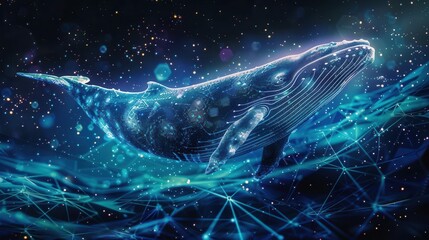 ethereal digital art of luminous whale swimming through cosmic crypto symbols starry background with subtle blockchain patterns