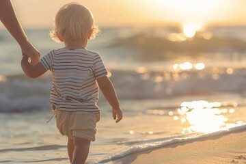 Child in striped clothes holding adult's hand on beach at sunset.