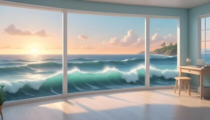 Fototapeta premium A serene, well-lit studio space with ocean waves crashing in the distance.