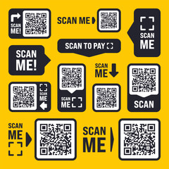 Scan me QR code sticker with text. Online payment. Special offer sale stickers, shopping discount label, promotional badge. Product serial number. Supermarket retail price tag. Vector illustration