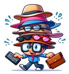 Concept "Wear Many Hats", a person with multiple hats stacked on their head, multitasking
