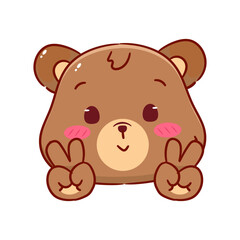 Cute Brown Bear Poses Peace Hand Sign Gesture Cartoon Character. Adorable and Kawaii Animal Icon Mascot Concept Design. Logo Vector Illustration. Isolated White Background.
