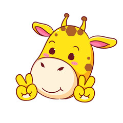 Cute Giraffe Poses Peace Hand Sign Gesture Cartoon Character. Adorable and Kawaii Animal Icon Mascot Concept Design. Logo Vector Illustration. Isolated White Background.