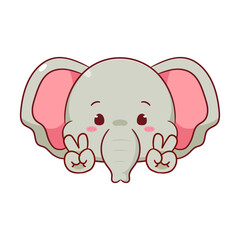 Cute Elephant Poses Peace Hand Sign Gesture Cartoon Character. Adorable and Kawaii Animal Icon Mascot Concept Design. Logo Vector Illustration. Isolated White Background.