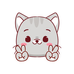 Cute Cat Poses Peace Hand Sign Gesture Cartoon Character. Adorable and Kawaii Animal Icon Mascot Concept Design. Logo Vector Illustration. Isolated White Background.