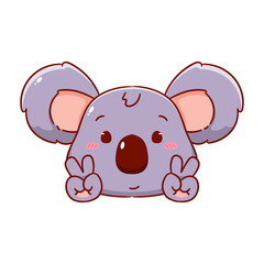 Cute Koala Bear Poses Peace Hand Sign Gesture Cartoon Character. Adorable and Kawaii Animal Icon Mascot Concept Design. Logo Vector Illustration. Isolated White Background.