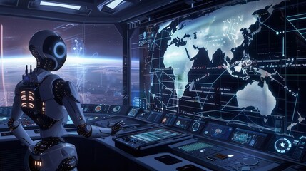 futuristic control room with a humanoid robot operating a holographic global communication interface orbiting satellites and data streams visualize worldwide connectivity