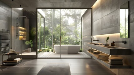 Modern Bathroom: Description: Sleek and minimalistic design with clean lines, simple fixtures, and a neutral color palette.