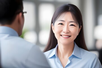 a happy smiling asian business woman in an office setting, chinese, japanese, korean, Professional, Confident, Elegant, Stylish, Corporate, Desk, Laptop, Meeting, Workplace, Success, Ambitious