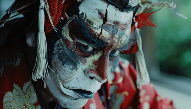 A Kabuki theater performer showcasing traditional makeup and a detailed costume, representing Japanese art and culture AIG58