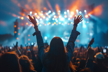 Euphoric Concert Moment: Woman with Raised Arms at Music Festival, Silhouetted Against Vibrant Stage Lights and Energetic Crowd