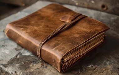 Obraz premium A quirky leather diary with vintage paper. Close-up of a vintage diary in front view under golden lighting.