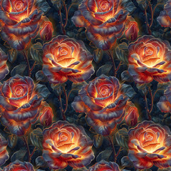 Burning Gray Roses with Flames from Flower Centers. Seamless Repeatable Background