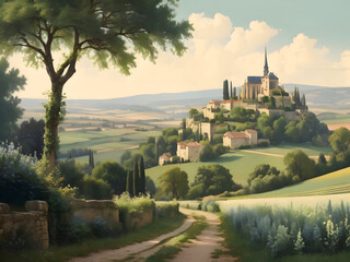 Fototapeta premium Vintage French Landscape Watercolor Illustration Art