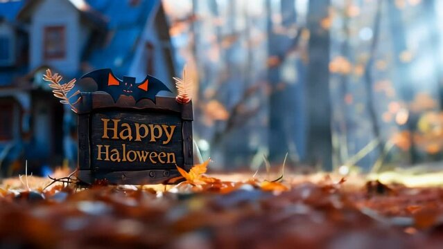 4K Happy Halloween text board in front of haunted scary house with autumn vibes