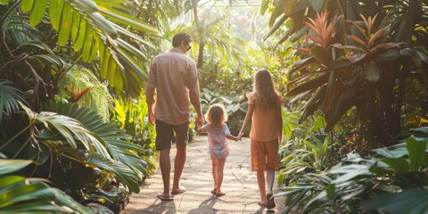 A family takes a leisurely stroll through a rich tropical greenhouse filled with colorful plants and blooming flowers AIG62