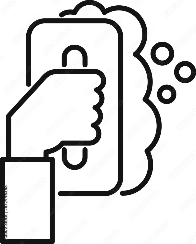 Wall mural line art icon of a hand holding a squeegee and cleaning a glass surface with soap bubbles