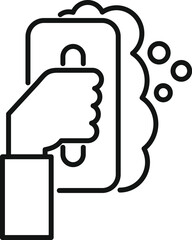 Line art icon of a hand holding a squeegee and cleaning a glass surface with soap bubbles