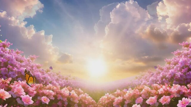 Flower bed with sunrise. Tranquil garden view with morning light.