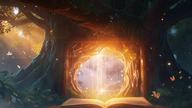 A magical book with a banyan tree, in a smooth looping background with 4K video animation