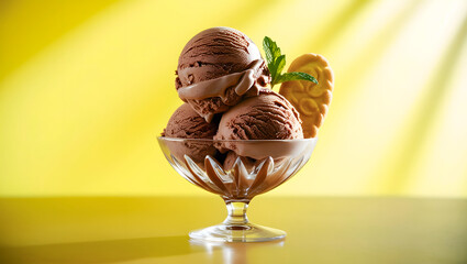 Three scoops of chocolate ice cream in a glass cup accompanied by a small vanilla cookie and some mint leaves on a yellow background