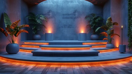 Corporate event stage mockup with interchangeable podium shapes and lighting variations. , Minimalism,