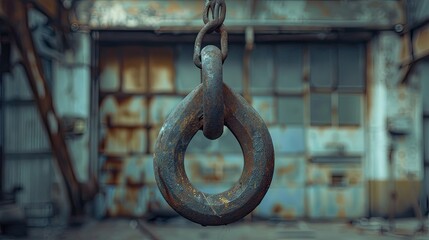 A rusty chain hanging from a building. The chain is bent and twisted. The building is old and has a lot of rust