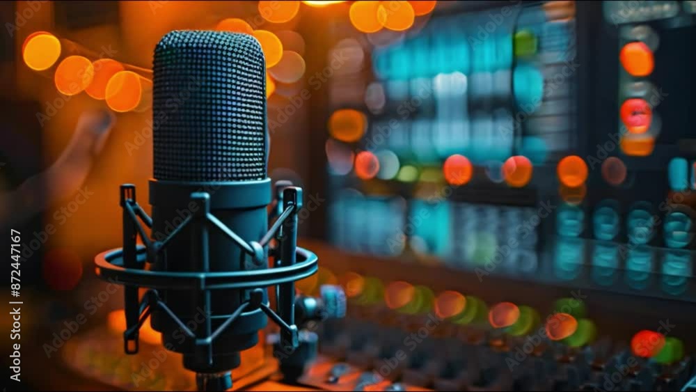 Poster This microphone in a recording studio with colorful lights in the background.