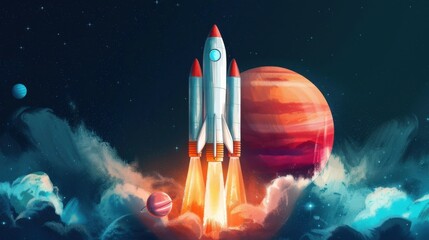 Fototapeta premium Futuristic Space Rocket Launch Watercolor Painting with Planets and Stars