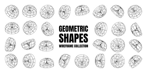 Wireframe lined shapes. Perspective mesh, 3d grid. Low poly geometric elements. Retro futuristic design elements, y2k, vaporwave and synthwave style. Vector illustration
