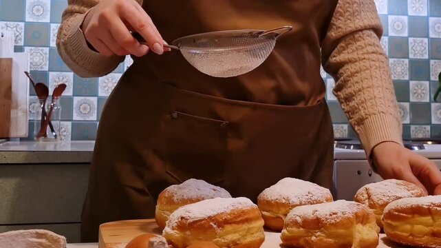 Woman chef prepares fresh donuts in her bakery. Cooking traditional Jewish Hanukkah Sufganiyot. Small business concept. Hands sprinkle Berliners with powdered sugar.