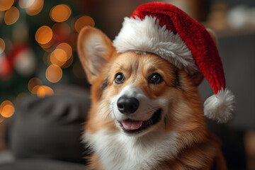 A corgi dog wearing a Santa claus hat sitting in a room in front of a decorated Christmas tree. The mood is festive and joyful, ideal for holiday, Christmas, or pet celebration themes.