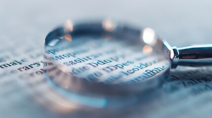 Closeup of magnifying glass focusing on text in document, representing research, inspection, focus, and detail.
