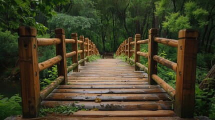 A wooden bridge with a lush green forest in the background. The bridge is wooden and has a rustic feel to it. The forest is dense and full of life, with trees of various sizes and shapes