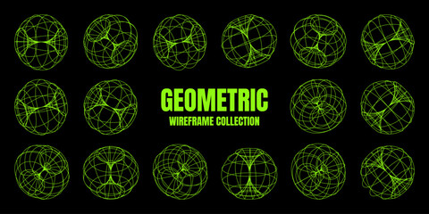 Wireframe lined shapes. Perspective mesh, 3d grid. Low poly geometric elements. Retro futuristic design elements, y2k, vaporwave and synthwave style. Vector illustration