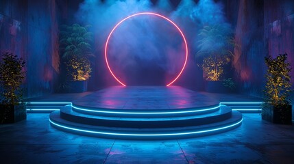 Virtual stage podium with holographic elements and adjustable ambient lighting. , Minimalism,