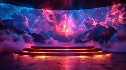 Virtual stage podium with digital display screens and customizable lighting effects. , Minimalism,