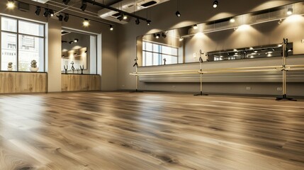 Modern dance studio with resilient vinyl plank flooring, a wall of mirrors, and a barre for ballet exercises