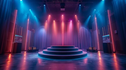 Obraz premium Customizable stage podium with interactive digital screens and adjustable spotlights. , Minimalism,