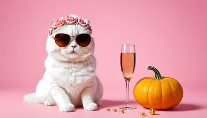 Cat in crown & sunglasses by wine glass