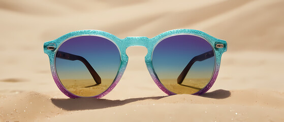 Blue and purple sunglasses on sand
