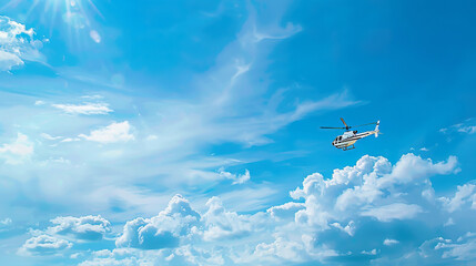 Aerial View White Business Helicopter Flying in Clear Blue Sky