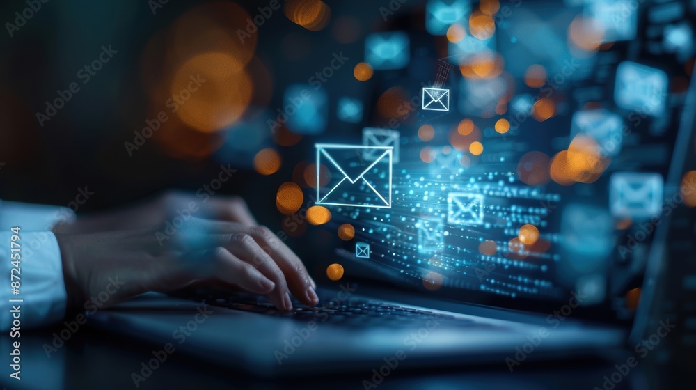 Poster a person is typing on a laptop with a screen that has many emails on it. concept of a busy workday, 