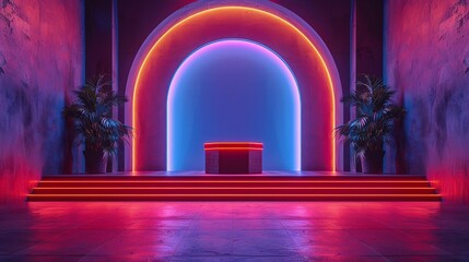 High-angle shot of a stage podium with adjustable podium height and LED screen backdrop. , Minimalism,