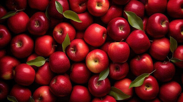 Red apples background. A close-up view of numerous fresh red apples with green leaves scattered among them. Full screen filled.